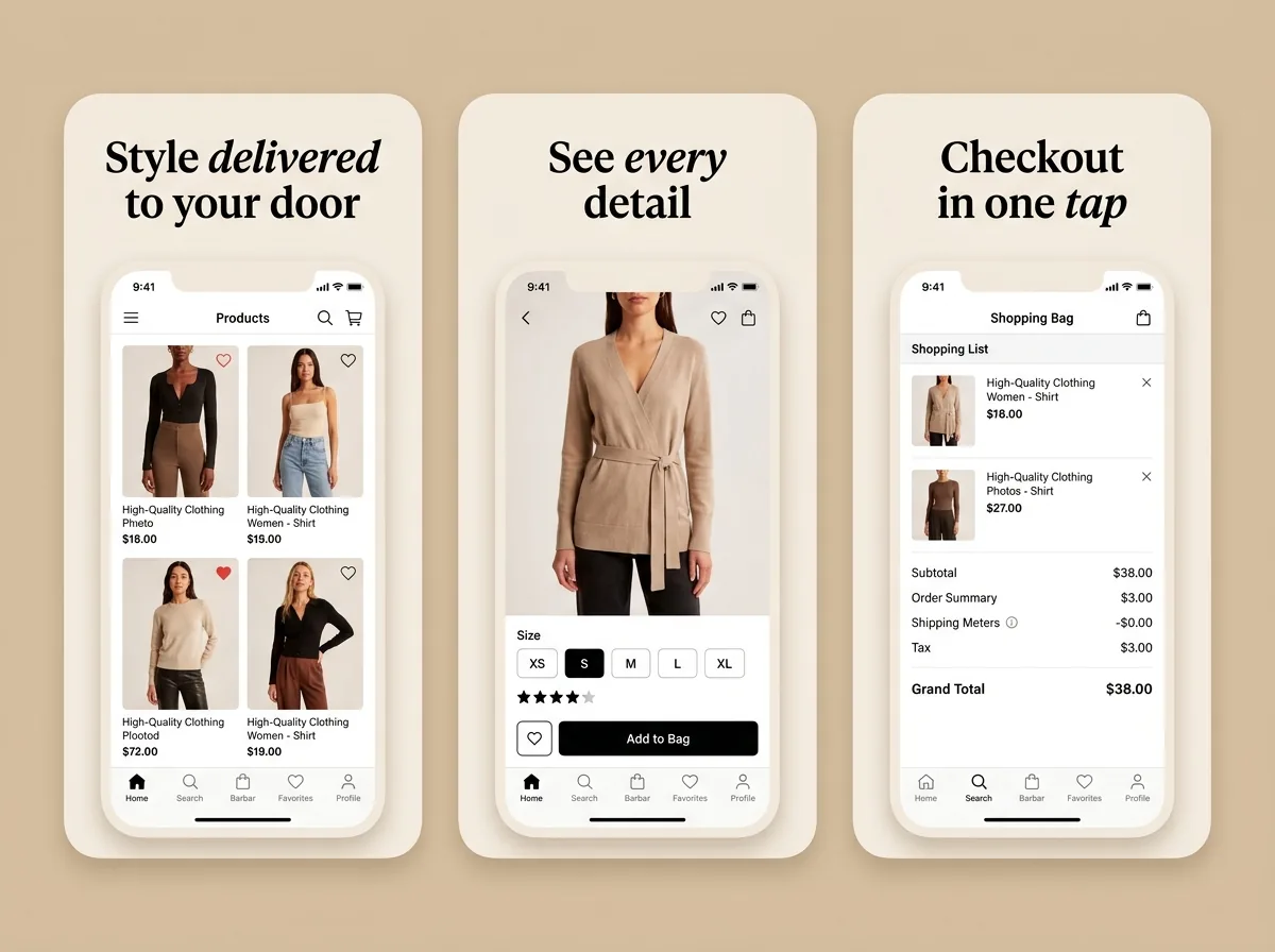 Vellum — Fashion commerce App Store screenshot set generated with App Mockup Generator AI