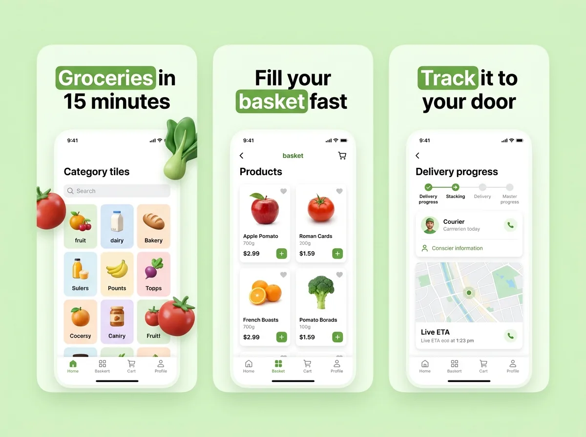 FreshCart — 15-minute grocery runs App Store screenshot set generated with App Mockup Generator AI