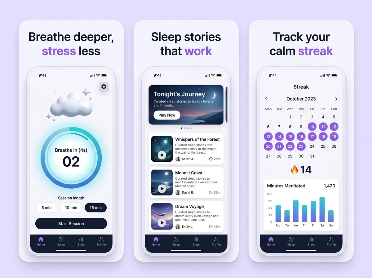 iPhone mockup of a meditation app screenshot set generated with App Mockup Generator AI