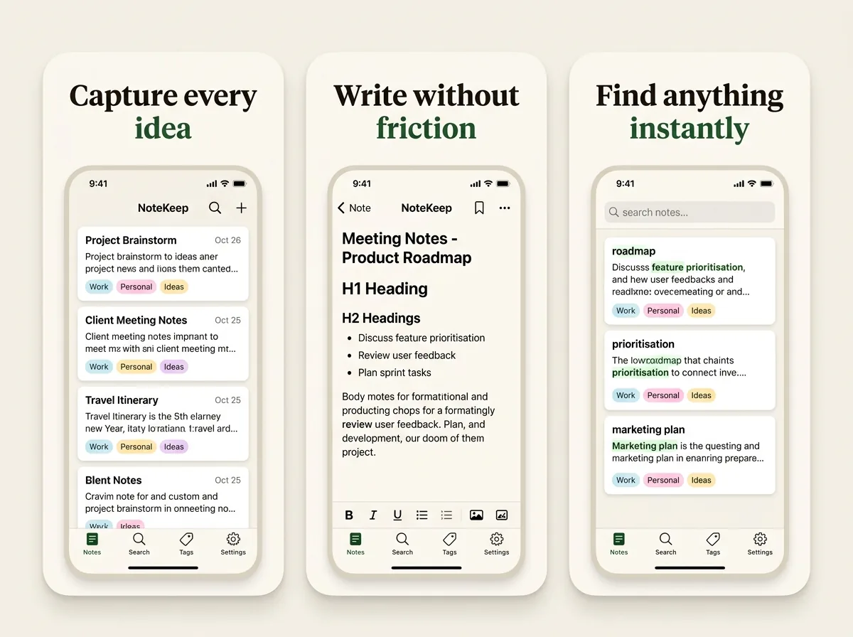 Inkwell — Notes & instant search App Store screenshot set generated with App Mockup Generator AI
