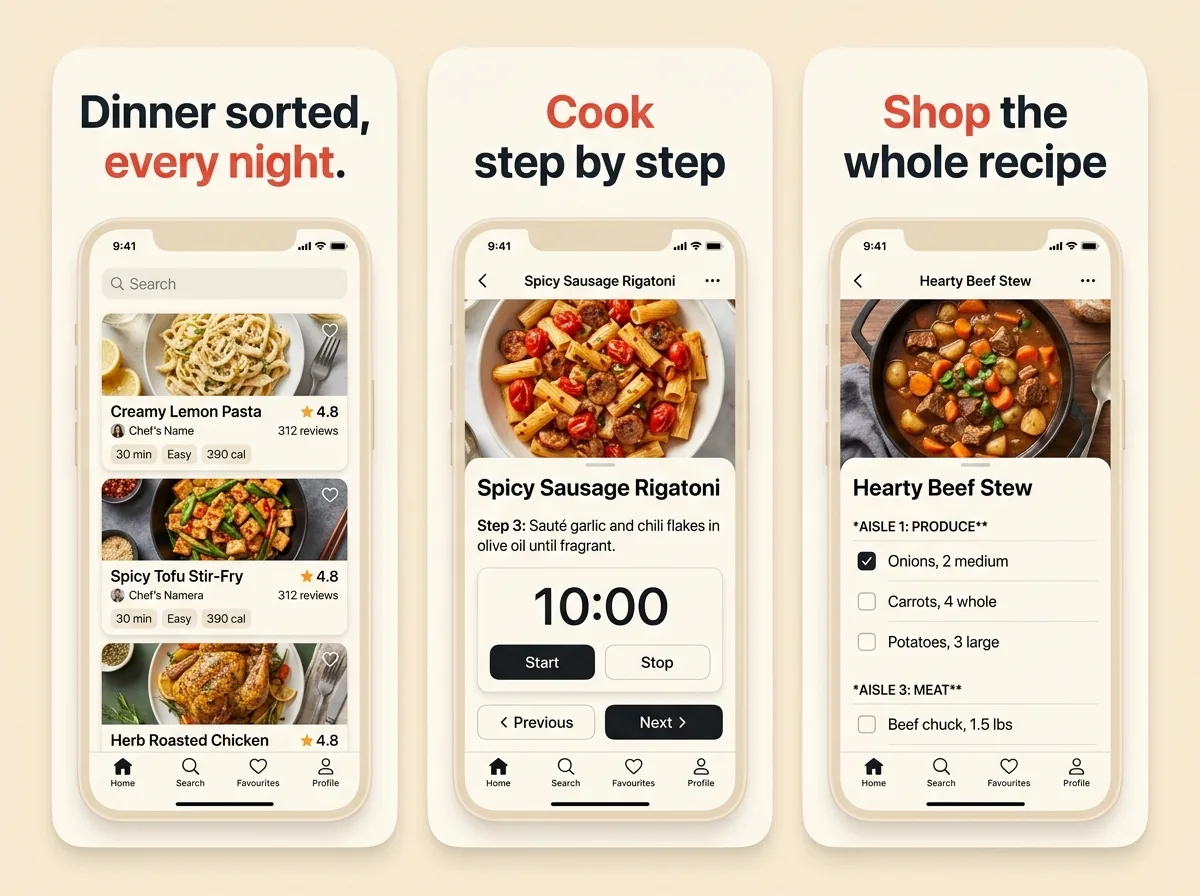 Simmer — Recipes & guided cooking App Store screenshot set generated with App Mockup Generator AI